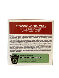 Back of a Lyfebrew coffee pod packaging with branding and recycling information.