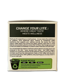 Back of a LyfeBrew coffee pod packaging with text and recycling information.