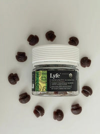Lyfe Immunity Gummies jar featuring Turkey Tail and Chaga mushroom extract, lemon citrus flavor, USDA Organic label, 40 count, 400mg per gummy – functional mushroom supplement for immune support.
