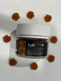 Lyfe Energy Gummies in a circular layout, highlighting mushroom-shaped peach gummies.